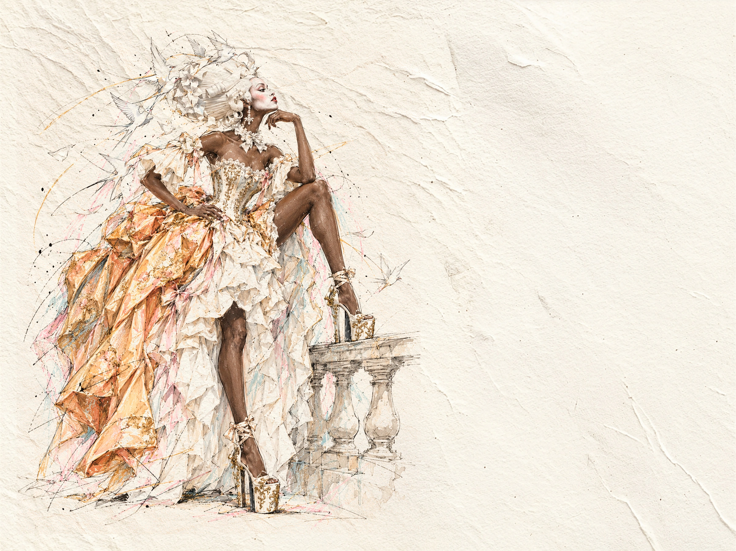 Personaje femenino con vestido de alta costura, flores y aves sobre una textura de papel marfil.